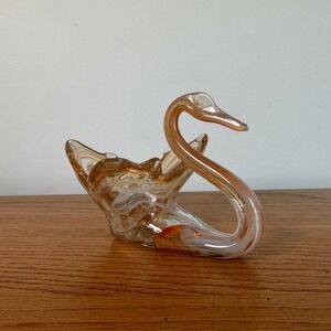 Vintage Hand Blown Amber Swirl Art Glass Swan Figurine Trinket Dish Murano Style